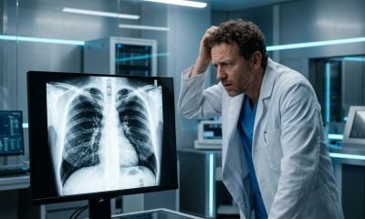 Um radiologista examina um deepfake X-rays de tórax em uma tela, com a imagem parecendo suspeitosamente perfeita, destacando a dificuldade de identificar fraude