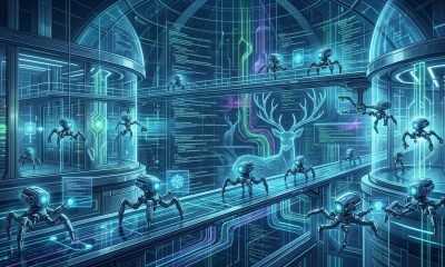 Ilustração de agentes de IA trabalhando em um ambiente seguro, com o nome DeerFlow 2.0 em destaque, simbolizando a orquestração de tarefas complexas e a automaç