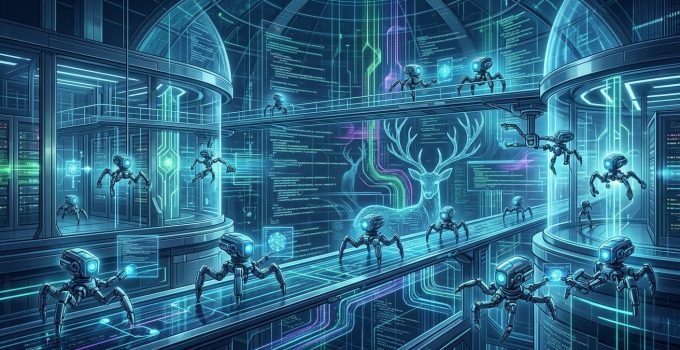 Ilustração de agentes de IA trabalhando em um ambiente seguro, com o nome DeerFlow 2.0 em destaque, simbolizando a orquestração de tarefas complexas e a automaç