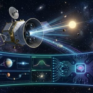 Representação artística da Inteligência Artificial (RAVEN) processando dados do telescópio TESS para a descoberta e validação de exoplanetas, destacando a revolução na astronomia.
