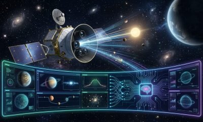 Representação artística da Inteligência Artificial (RAVEN) processando dados do telescópio TESS para a descoberta e validação de exoplanetas, destacando a revolução na astronomia.