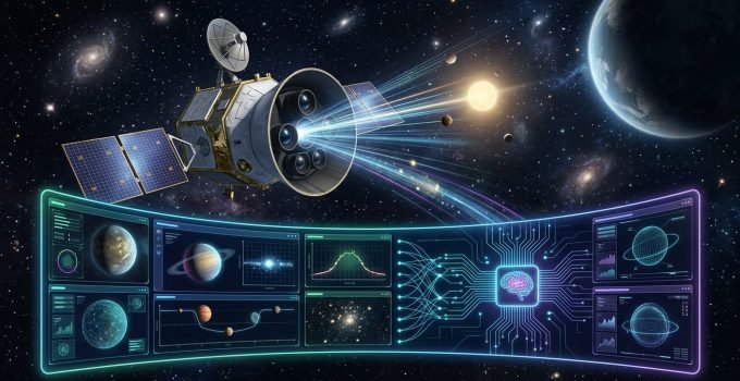 Representação artística da Inteligência Artificial (RAVEN) processando dados do telescópio TESS para a descoberta e validação de exoplanetas, destacando a revolução na astronomia.