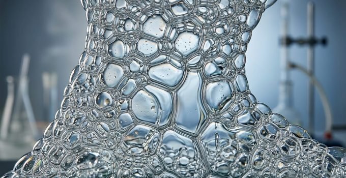 Uma imagem de close-up mostrando a dinâmica da descoberta espuma, com bolhas se rearranjando e líquido drenando através de novos caminhos em um ambiente de labo