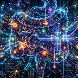 IA analisando microbioma intestinal e biomarcadores para detecção precoce de câncer de intestino.