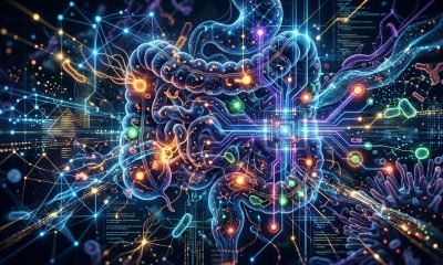 IA analisando microbioma intestinal e biomarcadores para detecção precoce de câncer de intestino.