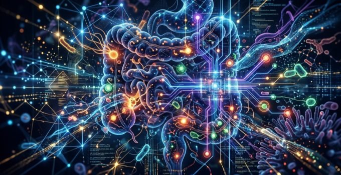 IA analisando microbioma intestinal e biomarcadores para detecção precoce de câncer de intestino.