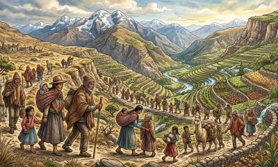 DNA antigo - Ilustração de uma família andina antiga migrando através de um vale montanhoso, simbolizando a resiliência social e a adaptação à transição agrícol