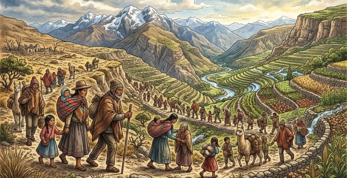 DNA antigo - Ilustração de uma família andina antiga migrando através de um vale montanhoso, simbolizando a resiliência social e a adaptação à transição agrícol