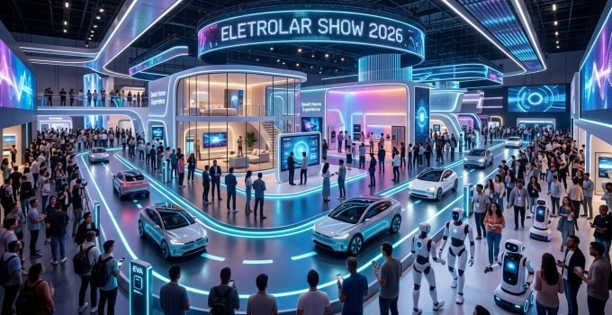 Visitantes exploram as inovações em casa inteligente, mobilidade elétrica e robótica na Eletrolar Show 2026, com demonstrações de tecnologia avançada.
