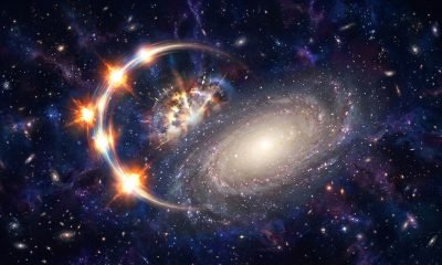Supernova distante com lente gravitacional revelando segredos da energia escura e da expansão do universo.