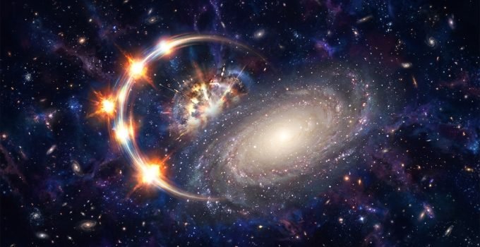 Supernova distante com lente gravitacional revelando segredos da energia escura e da expansão do universo.