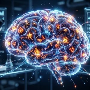 Ilustração de neurônios se regenerando e conexões cerebrais sendo restauradas pela proteína FTL1, representando a reversão do envelhecimento cerebral.