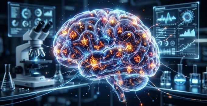 Ilustração de neurônios se regenerando e conexões cerebrais sendo restauradas pela proteína FTL1, representando a reversão do envelhecimento cerebral.