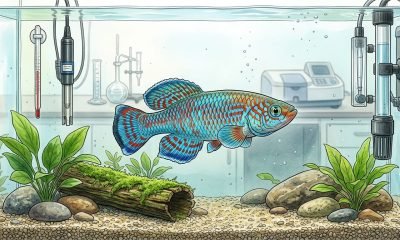 Peixe killifish-turquesa africano nadando em seu tanque, simbolizando o estudo sobre envelhecimento e longevidade. Equipamentos de monitoramento científico.