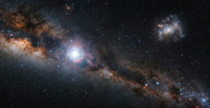 Representação artística da estrela primordial SDSSJ0715-7334 migrando da Grande Nuvem de Magalhães para a Via Láctea.