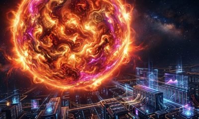 Estrelas gigantes - Representação visual de supercomputadores processando dados complexos, com uma estrela gigante vermelha ao fundo, ilustrando a mistura de el