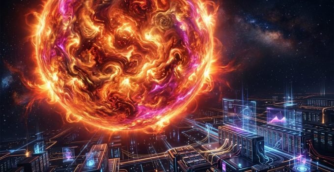 Estrelas gigantes - Representação visual de supercomputadores processando dados complexos, com uma estrela gigante vermelha ao fundo, ilustrando a mistura de el