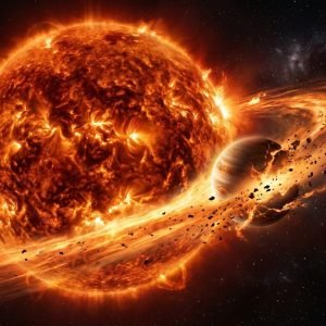 Representação artística de uma estrela gigante vermelha moribunda devorando um planeta gigante que espirala em sua direção.