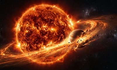 Representação artística de uma estrela gigante vermelha moribunda devorando um planeta gigante que espirala em sua direção.