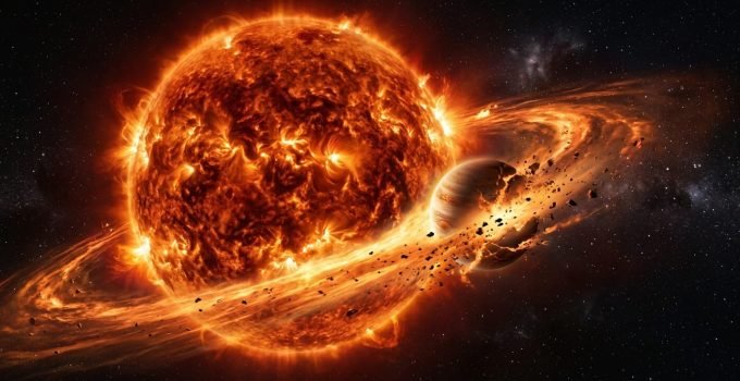 Representação artística de uma estrela gigante vermelha moribunda devorando um planeta gigante que espirala em sua direção.