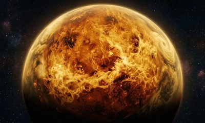 Vista global da superfície de Vênus, com suas densas nuvens amarelas cobrindo uma paisagem infernal de tons avermelhados, ilustrando a complexa Evolução de Vênus