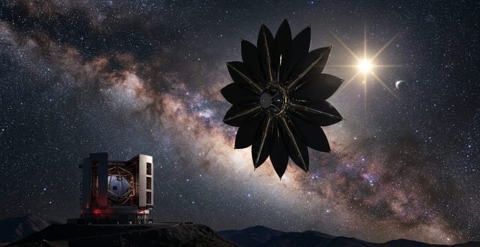 Exoplanetas semelhantes à Terra - Representação artística do conceito HOEE da NASA, com uma starshade orbital bloqueando a luz de uma estrela para permitir a de