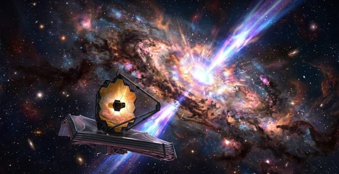 Conceito artístico da explosão cósmica GRB 250702B, um evento misterioso com jatos de energia em uma galáxia distante, observado pelo Telescópio Espacial James Webb.