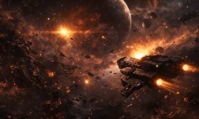 Cena espacial sombria com naves danificadas, destroços flutuando e planetas ameaçadores ao fundo, representando a atmosfera dos filmes de ficção científica espacial mais sombrios do cinema.
