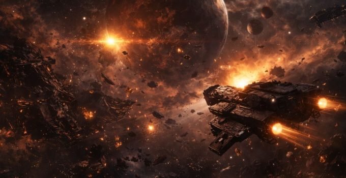 Cena espacial sombria com naves danificadas, destroços flutuando e planetas ameaçadores ao fundo, representando a atmosfera dos filmes de ficção científica espacial mais sombrios do cinema.