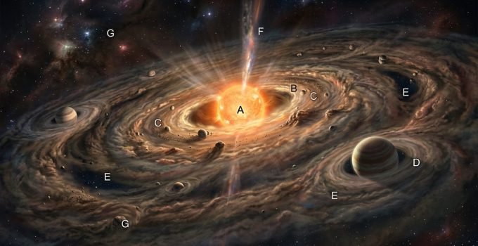 Uma ilustração artística de um disco protoplanetário com gás e poeira orbitando uma estrela recém-nascida, onde a formação planetária começa com a aglomeração d