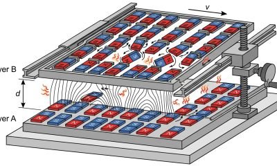 Ilustração esquemática de um experimento de fricção sem contato, mostrando duas camadas magnéticas interagindo, com a camada superior reorientando seus ímãs, o