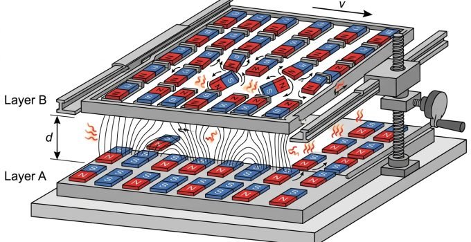 Ilustração esquemática de um experimento de fricção sem contato, mostrando duas camadas magnéticas interagindo, com a camada superior reorientando seus ímãs, o