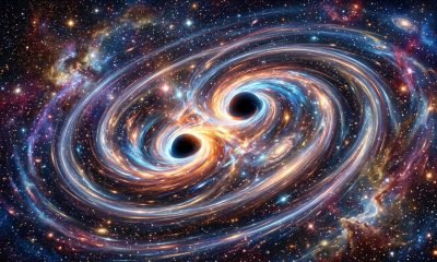 Ilustração artística de duas fusões de buracos negros criando ondas gravitacionais no espaço, simbolizando os testes da Relatividade Geral.