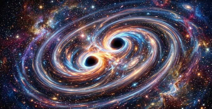 Ilustração artística de duas fusões de buracos negros criando ondas gravitacionais no espaço, simbolizando os testes da Relatividade Geral.