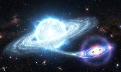 Representação artística da estrela Gamma Cassiopeiae e sua anã branca companheira, responsável pelas emissões extremas de raios-X.