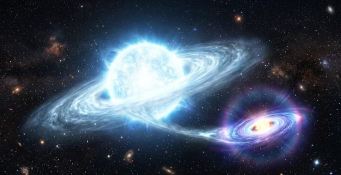 Representação artística da estrela Gamma Cassiopeiae e sua anã branca companheira, responsável pelas emissões extremas de raios-X.