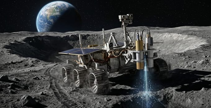 Renderização artística do instrumento Neutron Spectrometer System (NSS) da NASA, buscando gelo lunar no Polo Sul da Lua a bordo de um rover, com a Terra ao fund