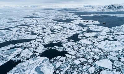 Vista aérea do gelo marinho Ártico em seu recorde mínimo de extensão no inverno, com grandes blocos de gelo fino e água escura visíveis, ilustrando o impacto da