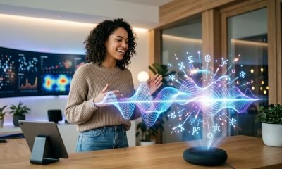 Uma pessoa interage com um assistente de voz avançado, enquanto a tecnologia Gemini 3.1 Flash Live exibe ondas sonoras fluidas, simbolizando a naturalidade da c