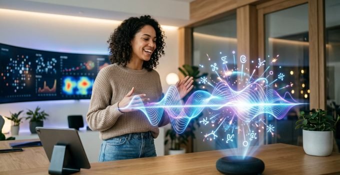 Uma pessoa interage com um assistente de voz avançado, enquanto a tecnologia Gemini 3.1 Flash Live exibe ondas sonoras fluidas, simbolizando a naturalidade da c