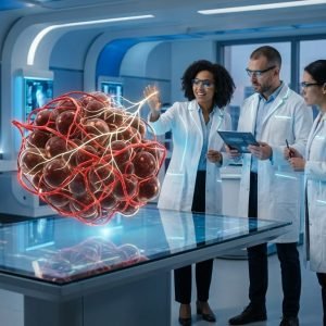 Cientistas analisam um modelo digital complexo de gordura marrom ativada, ilustrando a intrincada rede de vasos sanguíneos e nervos que promovem a queima de calorias.