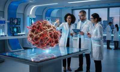 Cientistas analisam um modelo digital complexo de gordura marrom ativada, ilustrando a intrincada rede de vasos sanguíneos e nervos que promovem a queima de calorias.