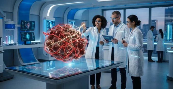 Cientistas analisam um modelo digital complexo de gordura marrom ativada, ilustrando a intrincada rede de vasos sanguíneos e nervos que promovem a queima de calorias.