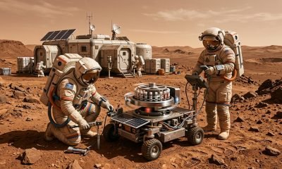 Gravidade marciana - Astronautas em traje espacial trabalhando na superfície de Marte, com um laboratório de pesquisa e um dispositivo de centrífuga ao fundo, i