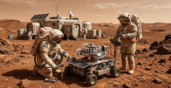 Gravidade marciana - Astronautas em traje espacial trabalhando na superfície de Marte, com um laboratório de pesquisa e um dispositivo de centrífuga ao fundo, i