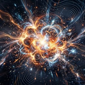 Representação artística do Big Bang, mostrando a explosão primordial do universo e a formação da matéria sob a influência da gravidade quântica.