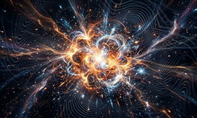 Representação artística do Big Bang, mostrando a explosão primordial do universo e a formação da matéria sob a influência da gravidade quântica.