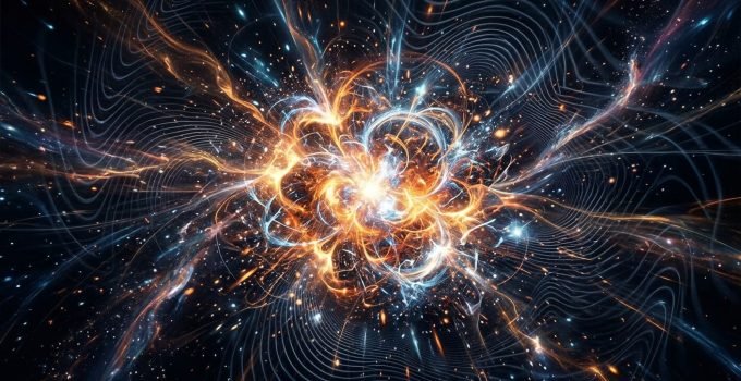 Representação artística do Big Bang, mostrando a explosão primordial do universo e a formação da matéria sob a influência da gravidade quântica.