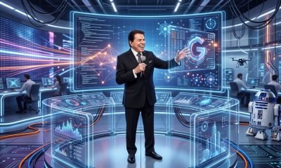 Silvio Santos sorrindo em um ambiente que mistura a tradição da TV com elementos futuristas de tecnologia e Inteligência Artificial.