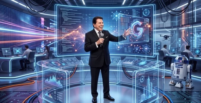 Silvio Santos sorrindo em um ambiente que mistura a tradição da TV com elementos futuristas de tecnologia e Inteligência Artificial.